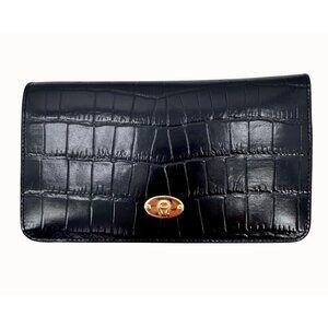 NWOT Etienne Aigner Black Croc-Embossed Leather Foldover Wallet